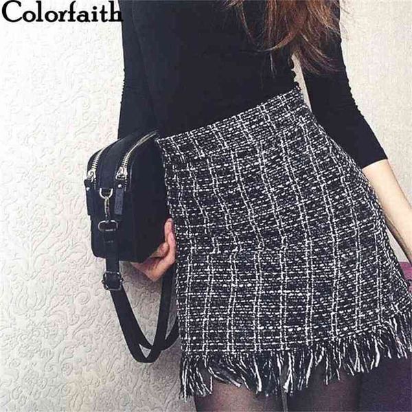 

colorfaith spring summer women woolen mini skirt in a cage vintage plaid tassel skater high waist checkered sk5583 210629, Black