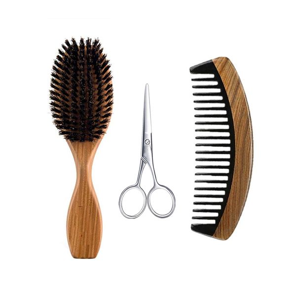 

vintage boar bristle paddle hair brush & wide tooth horn wood comb hair set makeup fashion styling detangling women curly hair wig clean, Silver