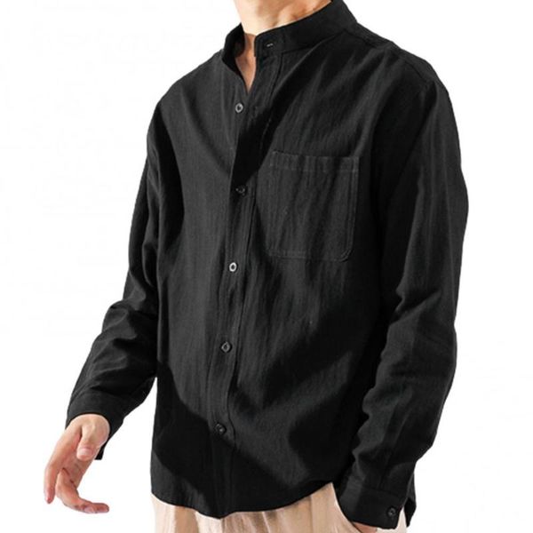 

men's casual shirts men solid color pocket stand collar buttons shirt cotton linen loose coat, White;black