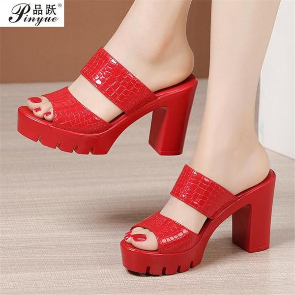 

plus size 34-43 open toe platform shoes summer slippers woman patent leather slides women high heels ladies, Black