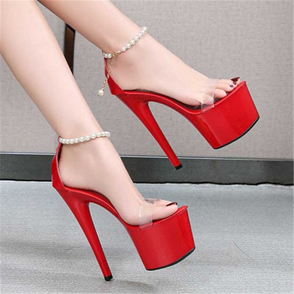 

sandals summer women waterproof platform transparent one word high heels 16.5cm stiletto ankle pearl buckles model catwalk shoes, Black