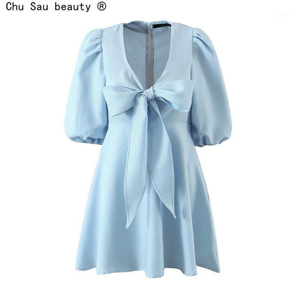 

casual dresses french vintage bow dress womens 2021 summer plaid deep v-neck puff sleeve mini a-line blue vestido chic zipper, Black;gray