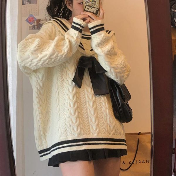 

women's sweaters winter sweater women korean version sailor collar loose knitted t-shirt college style casual pullovers chic female 202, White;black