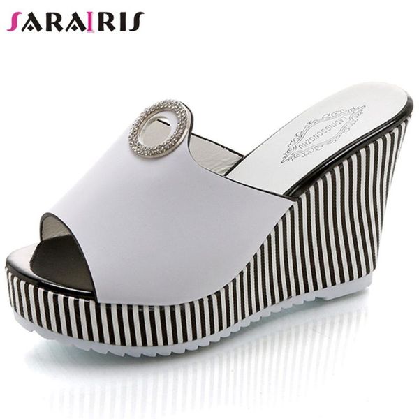 

slippers sarairis cool super high wedges slides women summer slip-on heeled ladies classic fashion striped platform shoes, Black