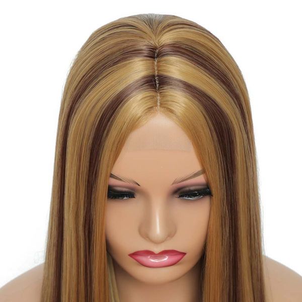 

long straight highlights wigs for women 26inch synthetic wig brown mixed blonde middle part hair wigs heat resistant fibrefactory direct, Black