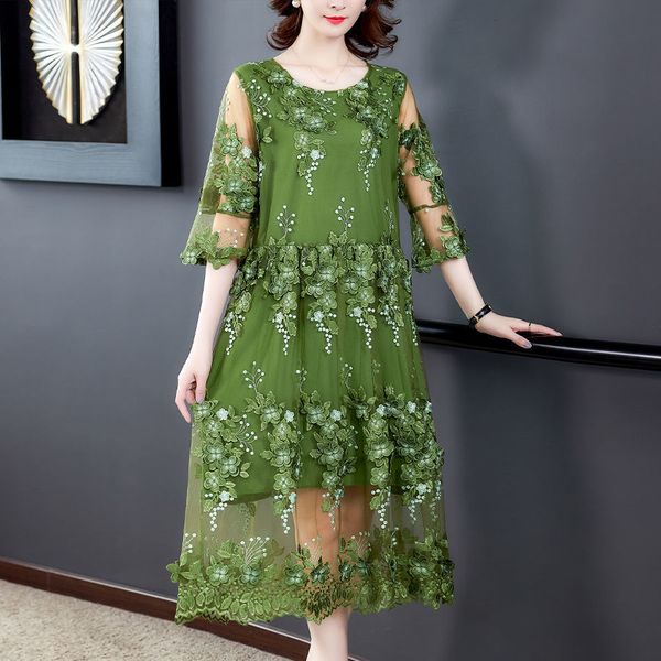 

casual dresses women summer vintage embroidered flower o-neck half sleeve high waist loose dress all-match female vestidos plus si, Black;gray