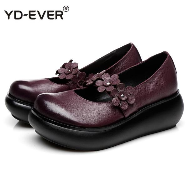 

dress shoes cowhide flower platform woman wedges genuine leather retro casual 2021 comfort women high heels, Black
