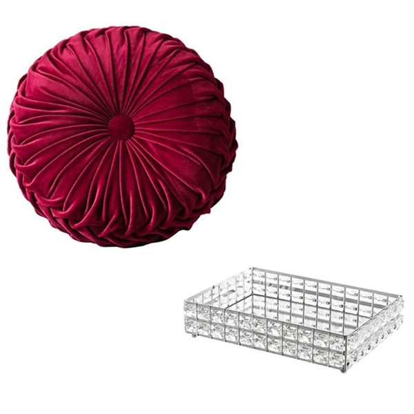 

round throw pillow handcrafted velvet (red) & mirror surface crystal vanity makeup tray (silver) kitchen storage organization
