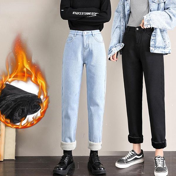 

women's jeans boyfriend women fleece baggy casual harem pants apricot blue black comfortable velvet keep warm mom denim