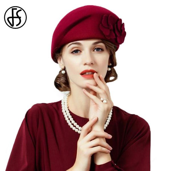 

stingy brim hats fs winter 100% wool hat women french beret with flower ladies wine red elegant felt vintage fedoras chapeau feutre femme, Blue;gray