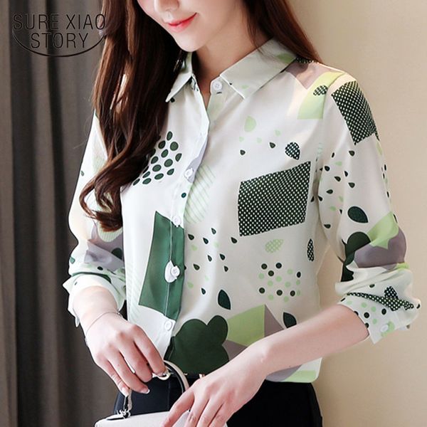 

blusas mujer de moda elegant spring print long sleeve ladies chiffon women and blouse female shirts button 8279 50 210415, White