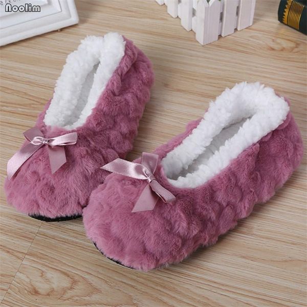 

fashion cute indoor home slippers warm soft plush bottom non-slip simple bow-knot women shoes, Black