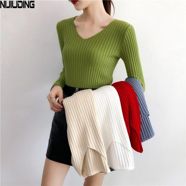 

casual sweater for women solid color knitted pullovers female tight slim 2021 autumn v-neck long sleeve sweaters lady women's, White;black