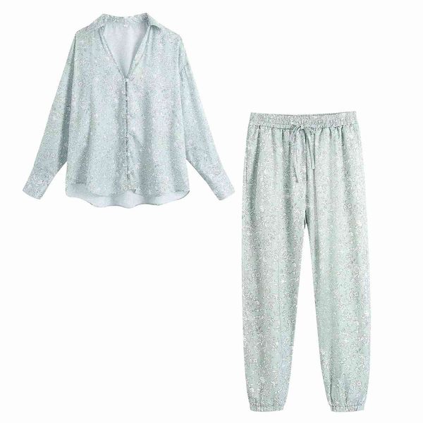 

women 2 pieces printed set long sleeve blouse trousers pajamas suit fashion casual 210517, White