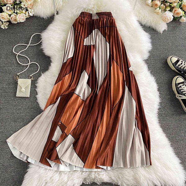 

women's elegant geometric print maxi skirt female vintage high waist pleated a-line long skirts faldas autumn winter sk877 211120, Black