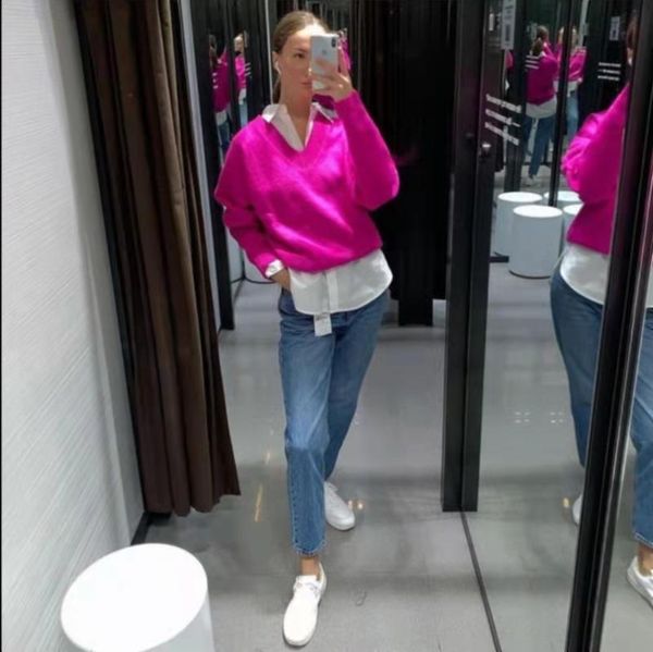 

women's sweaters xikom 2021 women v neck soft elasticity casual purple knitting sweater female sweetwear chic long sleeve pullovers, White;black