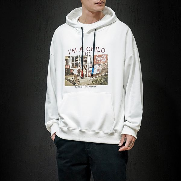 

men's hoodies cotton hooded spring loose print sports casual sweater, Black