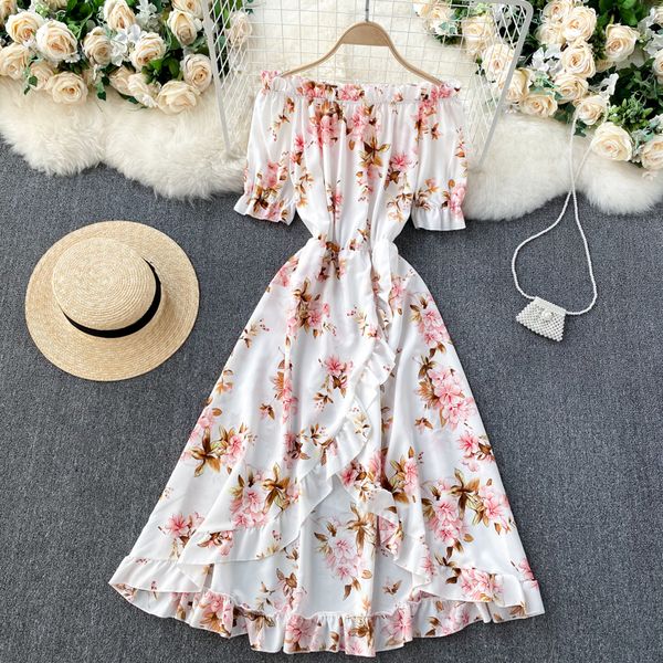 

summer off shoulder strapless puff sleeves beach boho dress womens slim midi long irregular holiday ruffles female trend 210420, Black;gray