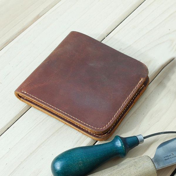 

wallets handmade genuine leather wallet for men retro short male purses crazy horse cash cards holder money bag, Red;black