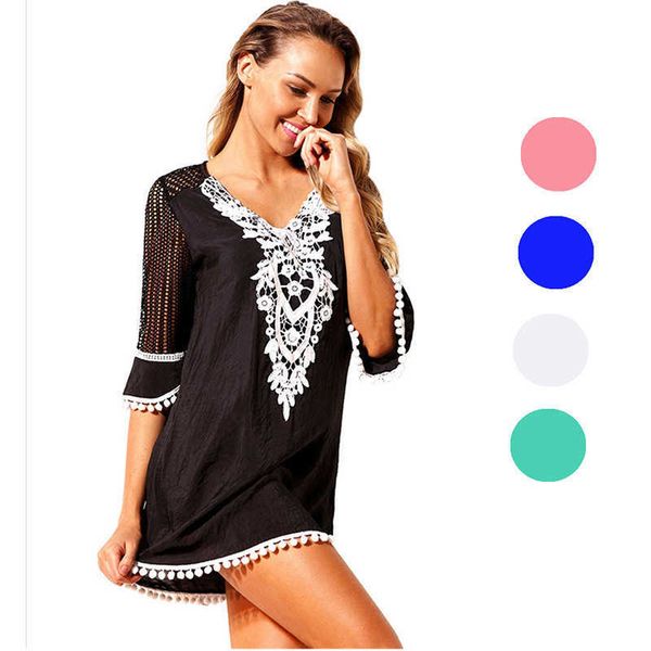 

new summer women's hollow out 5-sleeve lace stitched v-neck beach skirt, White