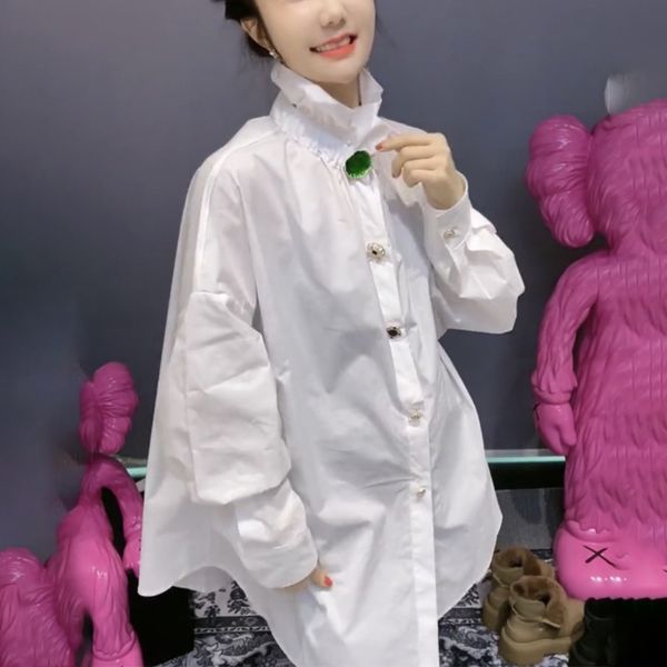 

turtleneck pleated white full shirts women's new spring loose long irregular 210421