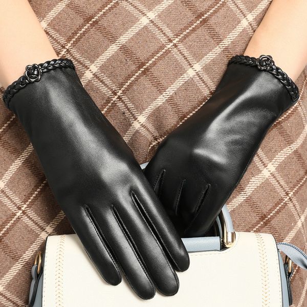 

elegant women genuine lambskin leather gloves plus velvet thermal glove for autumn winter touch screen, Blue;gray