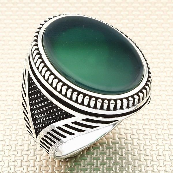 

straight oval green agate stone men silver ring with symmetrical motif made in turkey solid 925 sterling cluster rings, Golden;silver
