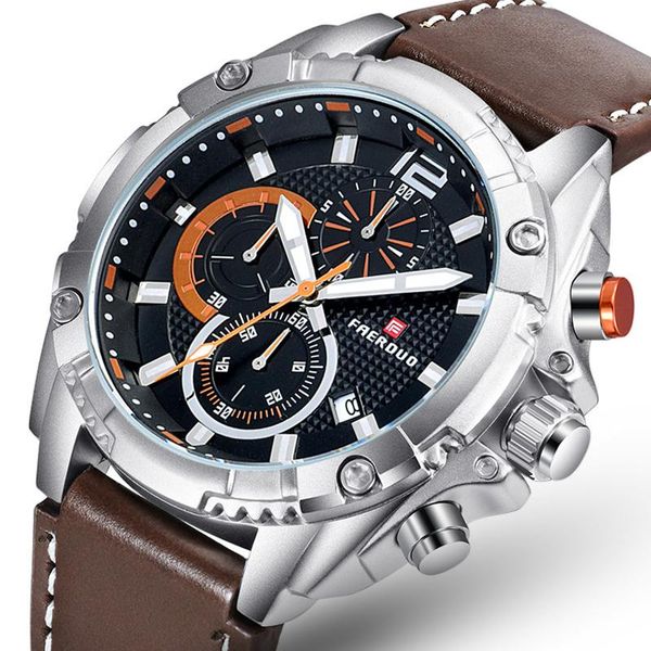 

wristwatches watertight 3d dial fashion mens watches big military quartz watch leather sport chronograph men, Slivery;brown