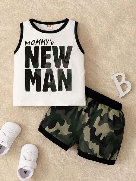 

baby slogan and camo print contrast binding tank & shorts she, White