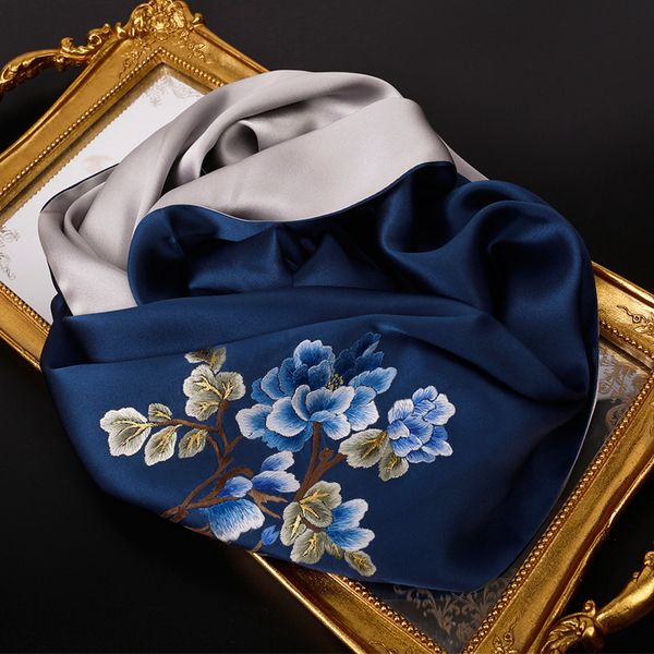 

hand embroidery 100% scarf long double layer luxury natural silk scarves wraps shawl for female gifts 155*35cm, Blue;gray