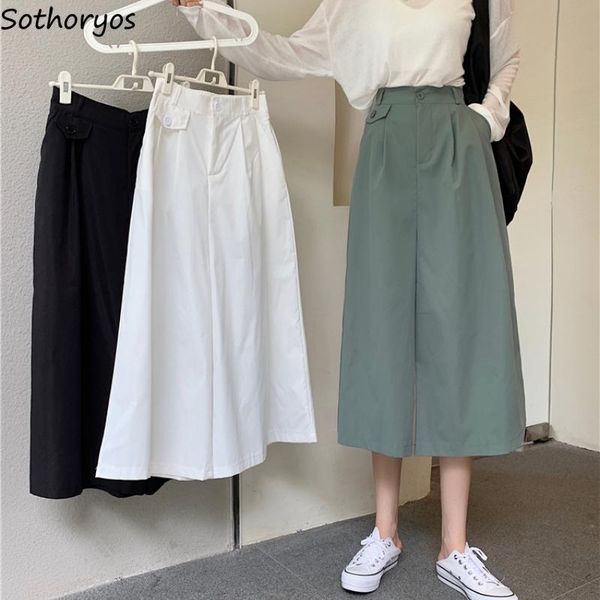 

women's pants & capris solid casual women summer korean fashion high waist calf-length wide leg trousers cargo elegant stylish ladies o, Black;white