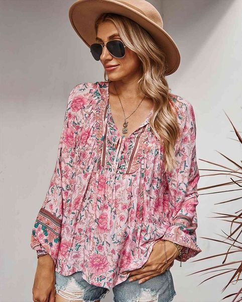 

vintage chic bohemian floral women shirts printed tassel v neck long sleeve lace up boho blouse, White