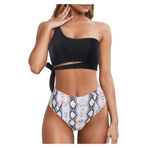 

women's swimwear 2021 one shoulder bandeau push up bikinis print women high waist bathing suit beachwear #zq, White;black