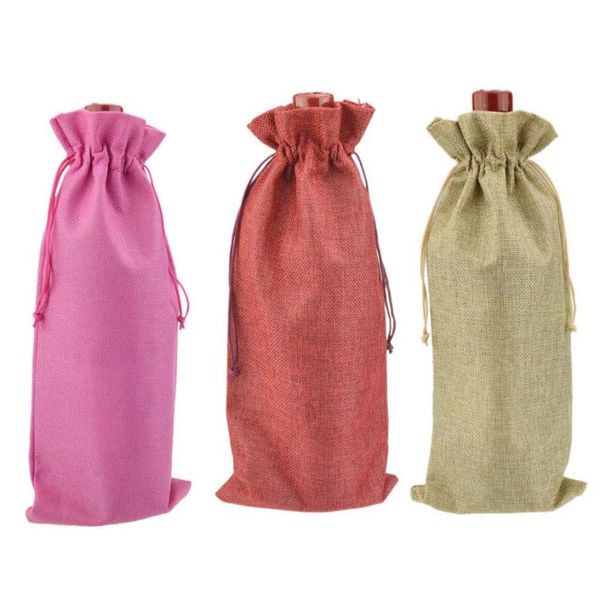 

gift wrap 20 pcs 15x35cm single bottle stamping jute wine bags pouches for party wedding bomboniere