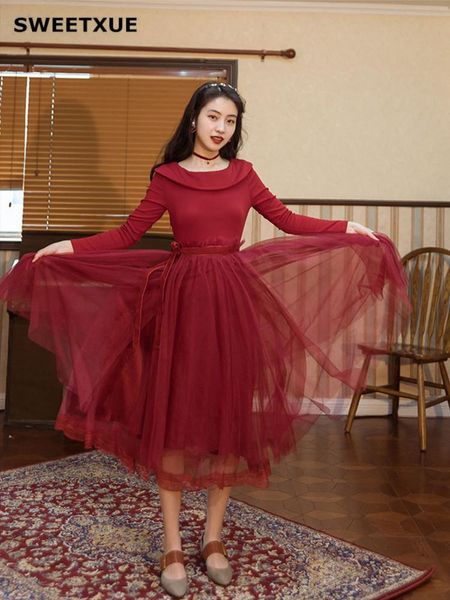 

slash neck knitted mesh stitching party dresses 2021 women's red high waist long sleeves chic dress lady casual, Black;gray