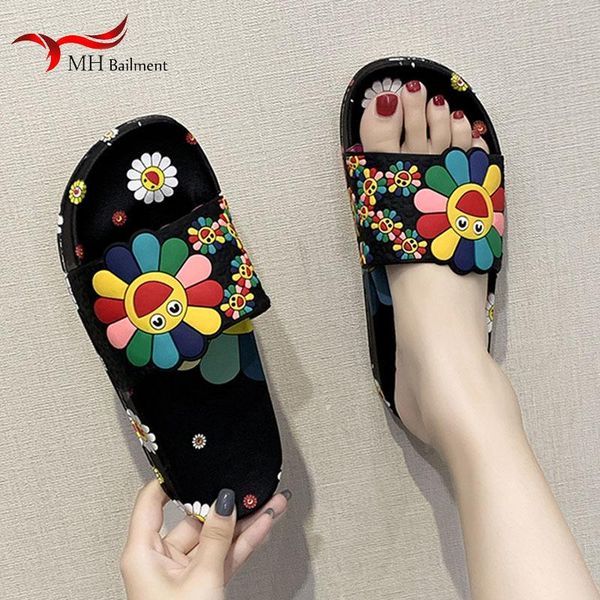 

slippers summer sunflower sunfloral platform slides outdoor beach sandals female indoor casual flats flip flops home ladies, Black