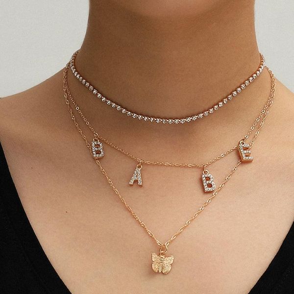 

multi layer necklaces for women babe letter pendant fashion gold choker necklace vintage multiple layers jewelry gift, Silver