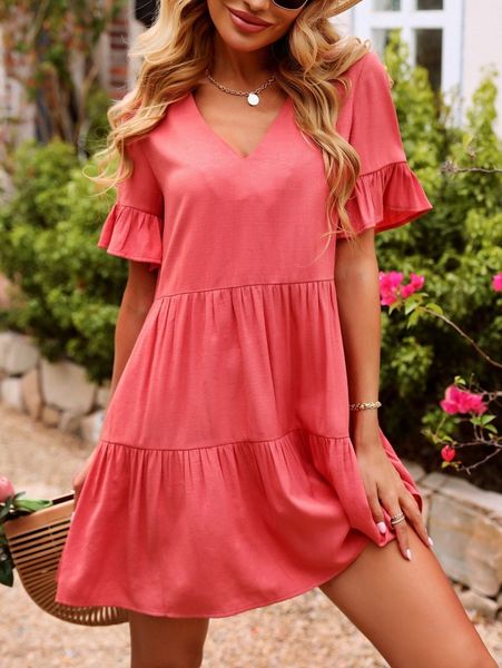 

flounce sleeve ruffle hem smock dress c0l2#, Black;gray