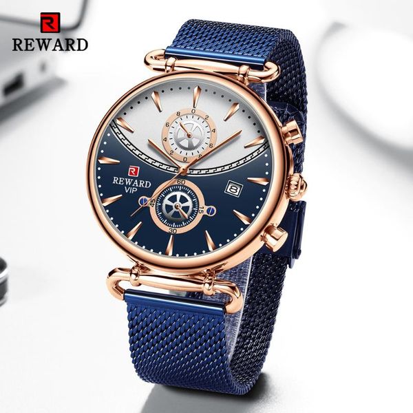 

wristwatches reward fashion blue men watch full steel waterproof sport quartz wristwatch mens date calendar analog watches cloc, Slivery;brown