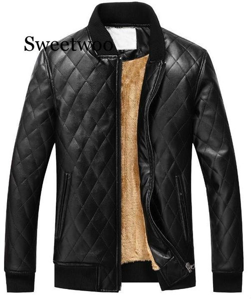

men's fur & faux winter jacket men motorcycle leather jackets warm fleece plaid parka pu coat usa size s-xxl, Black
