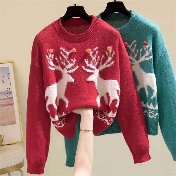 Frauen Harajuku Pullover Herbst Winter Niedlichen Cartoon Elch Pullover Tops Frau Casual Lose Koreanische Rot Gestrickte 210525