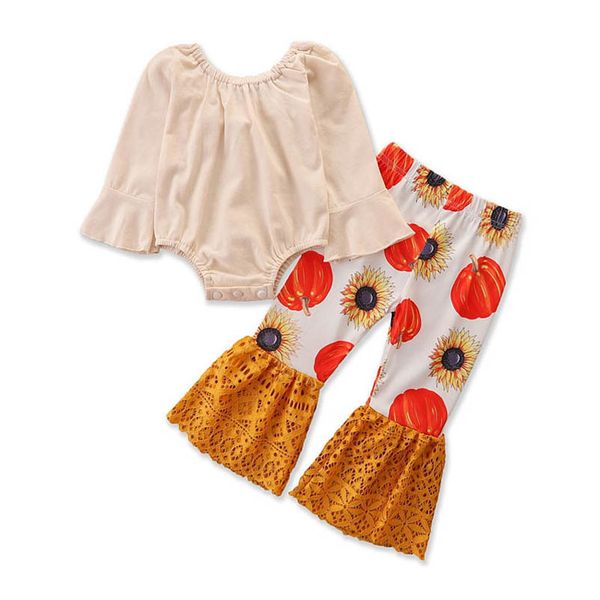

infant clothing sets girls outfits baby clothes children fall halloween pumpkin long-sleeved rompers jumpsuit lace flared pants 2pcs b7490, White