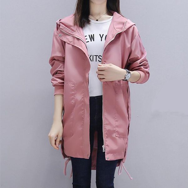 

blends spring autumn plus size trench women solid color casual female windbreaker hooded outerwear loose coat femme, Black