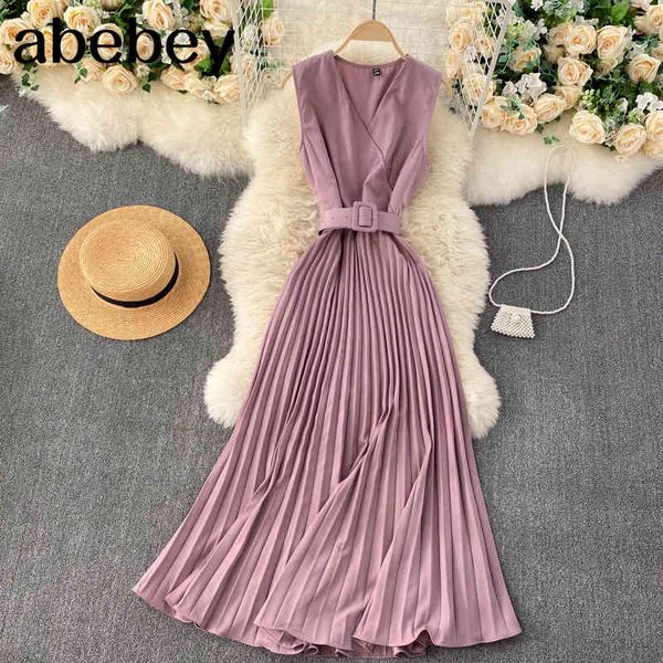 

women french pleated dress summer korean style sleeveless v neck a-line es fashion solid streetwear long 210512, Black;gray
