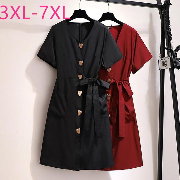 

plus size dresses 2021 summer mini dress for women short sleeve loose casual black red button pocket belt 3xl 4xl 5xl 6xl 7xl
