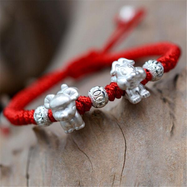 

charm bracelets s 2021 lucky pure 999 silver animal hand knitted red rope three-in-six chinese zodiac chain bracelet, Golden;silver