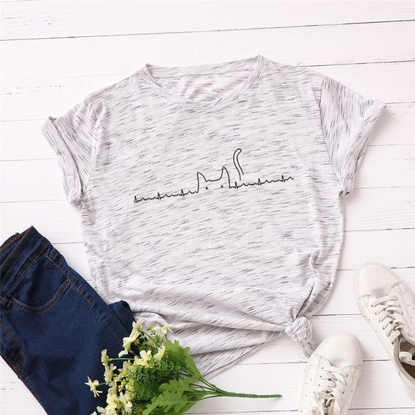 

summer plus size tshirts women t shirt lovely cat print 100% cotton o neck short sleeve casual shirts, White