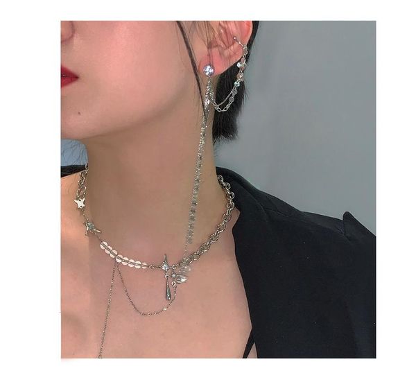 

chains y2k sweet cool wind stitching necklace girl accessories glittering zircon thick chain, Silver