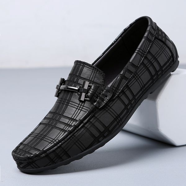 

men genuine casual loafers leather shoes fashion shoes luxury stripes loafers men slip on formal shoes spring mens, Black