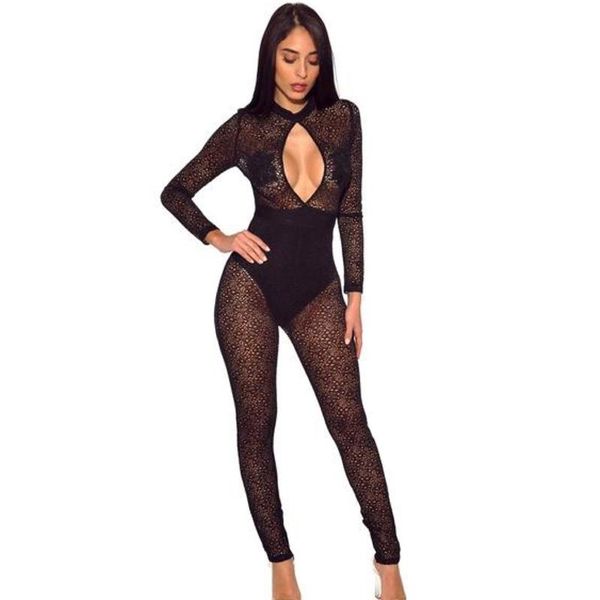 

women's jumpsuits & rompers see through black lace jumpsuit style fashion long sleeve bodycon hollow out evening party clubwear wholesa, Black;white